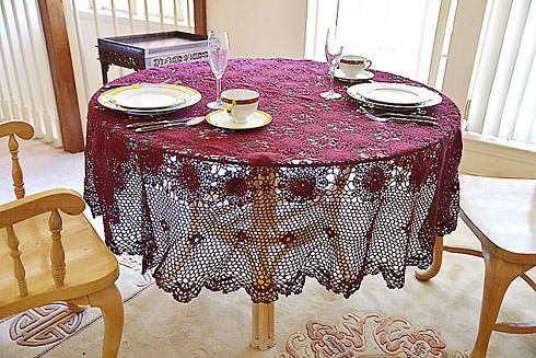 Festive Crochet Round Tablecloth. Merlot color. 70"RD.